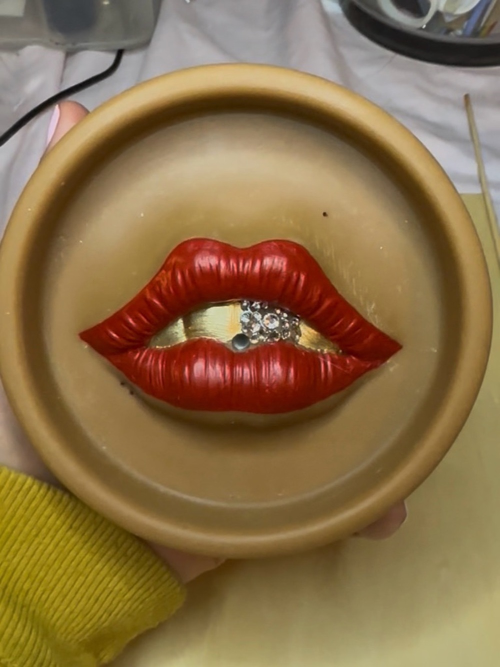 Custom Made Red Lip Decorative Trinket Dish with Gold/ Bling Accent